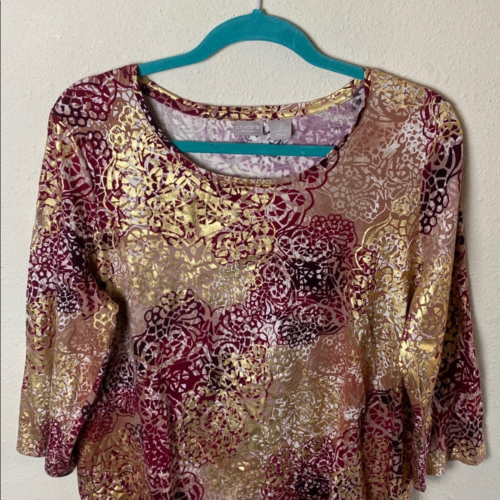 Chico's Zenergy Metallic Printed 3/4 Sleeve Blouse Top 2 (M/8) - Picture 2 of 6